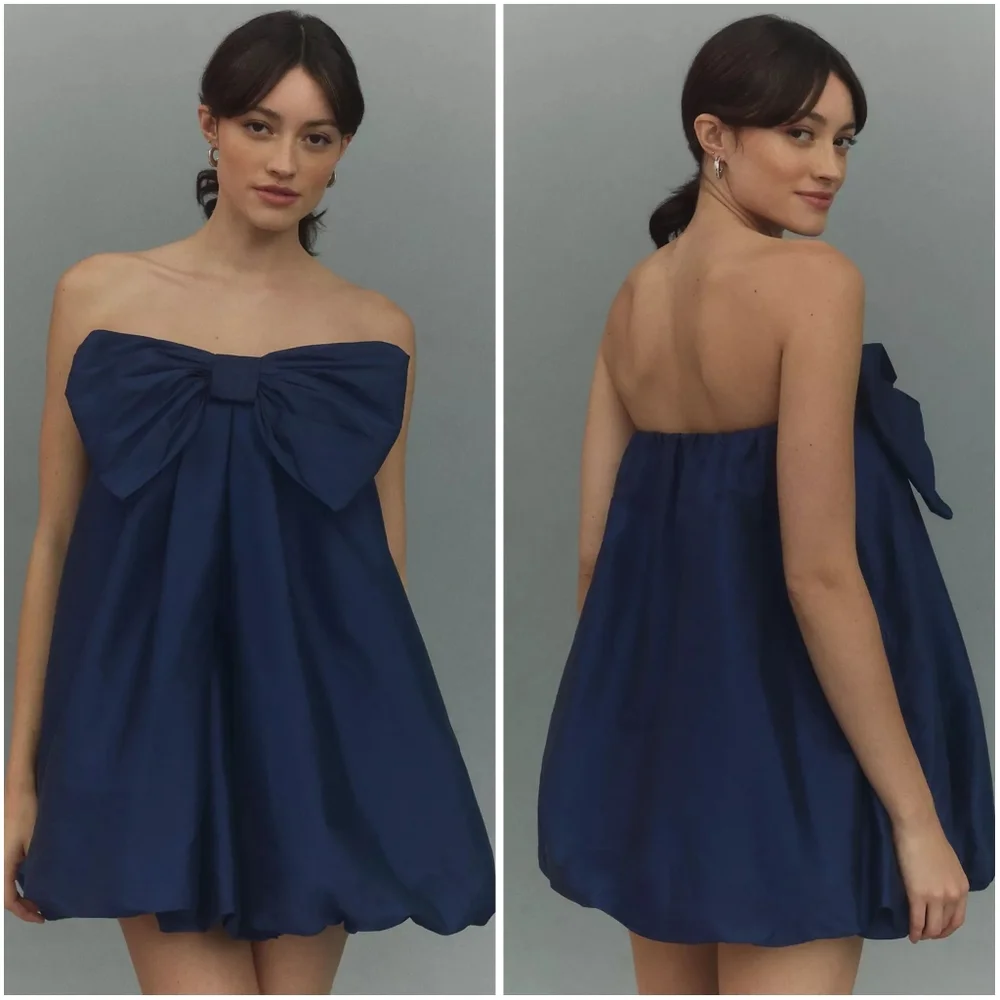 BHLDN Anthropologie Livia Strapless Bow Tent Mini Dress in Navy Blue NWT New